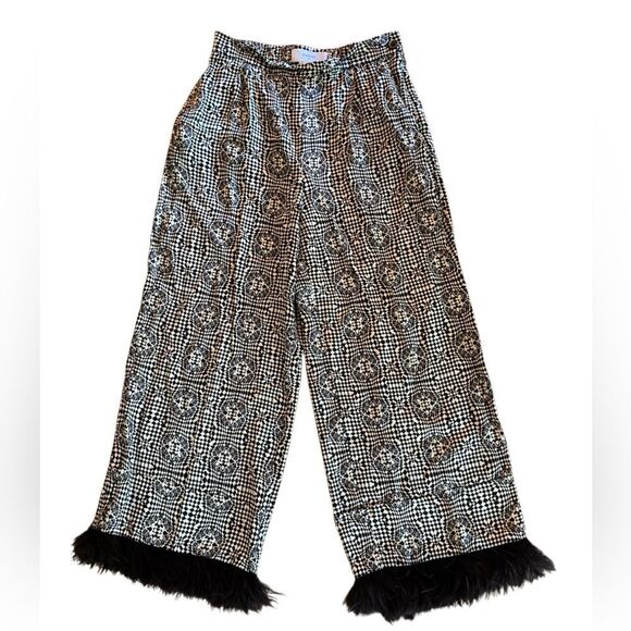 BEATRICE B Italy Women's Wide Leg Ostrich Feather Trim Satin Sheen Pull On Pant - Picture 4 of 9